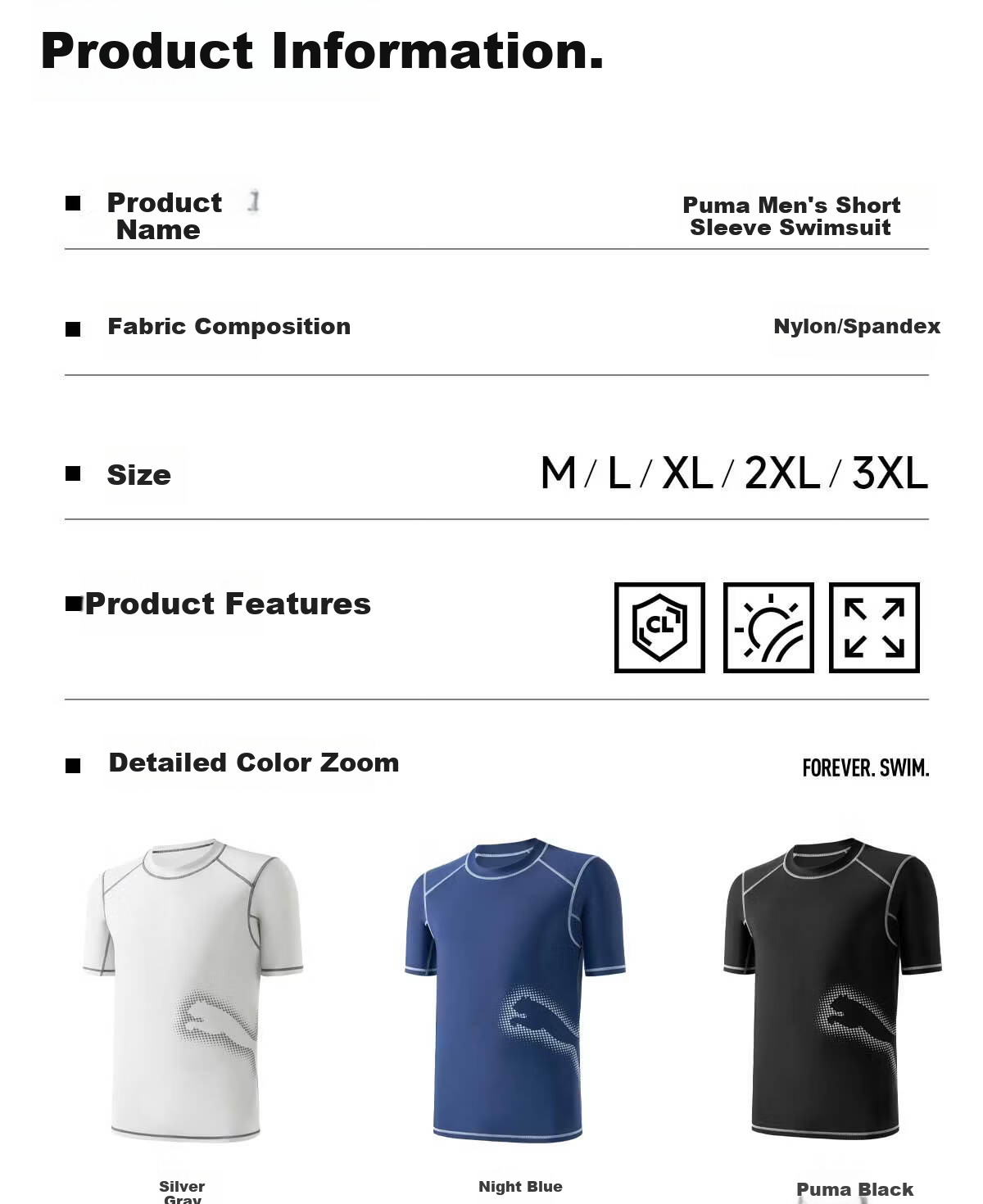 PUMA Men's Short Sleeve Swimwear UV Protection High Elastic Breathable Professional Training Slim Fit Cooling Short Sleeve Swimsuit 17