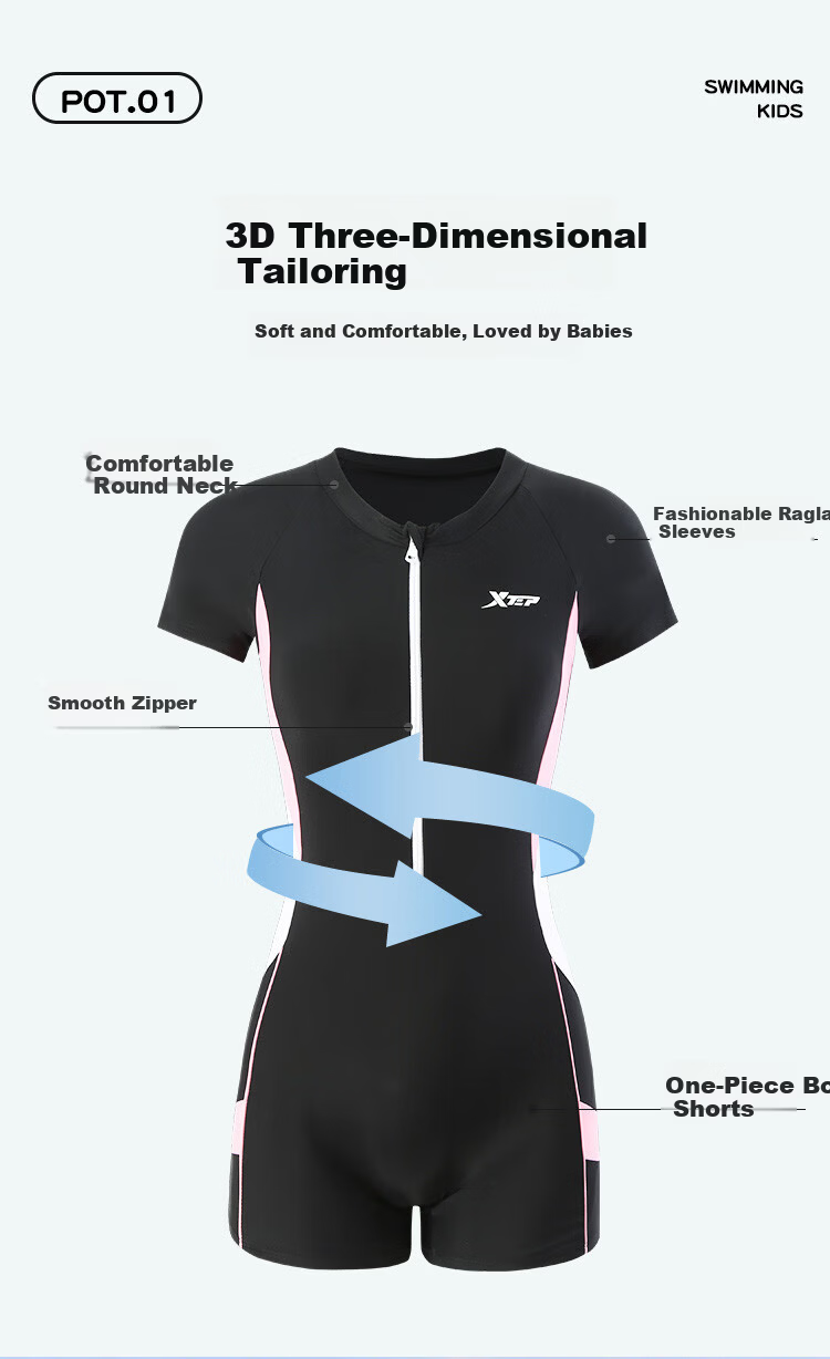 Xtep Kids Girls One-Piece Square-Leg Cute Student Sports Professional Swimwear Princess Sun-Protective Swimsuit for Older Children 3