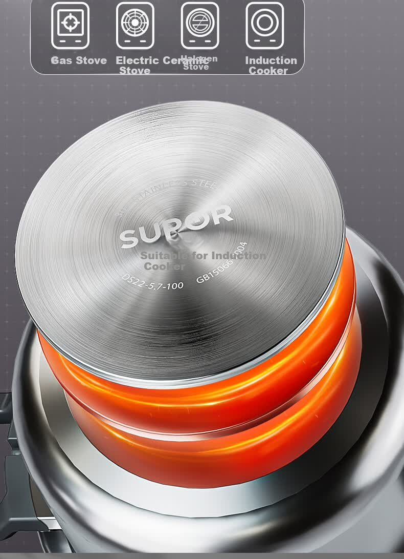 SUPOR 22cm 5.7L 304 Stainless Steel Pressure Cooker High-Pressure Gas and Induction Cooker Compatible Explosion-Proof One-Touch Opening Home Use 15