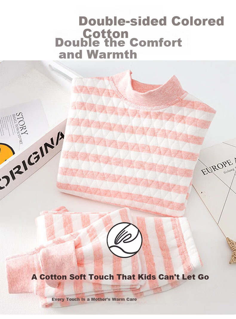 LangSha Kids Girls Cotton Thermal Underwear Set Three-Layer Thickened A-Class Cotton Mid-High Collar Warm Autumn Top and Bottom for Older Children 6