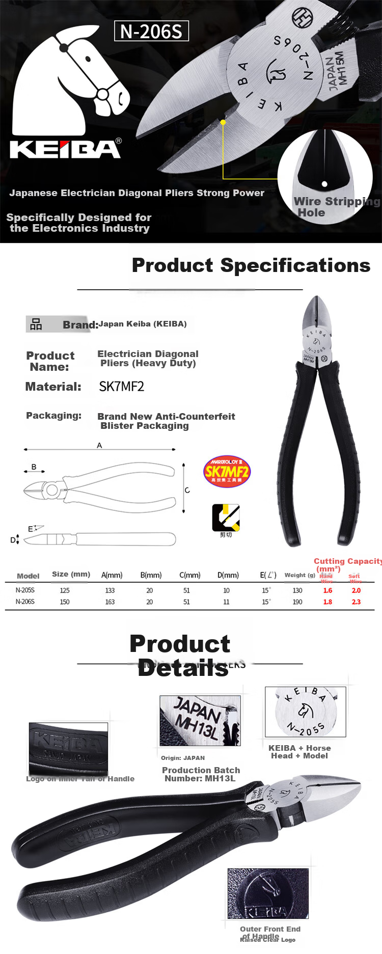 KEIBA Japan Imported Diagonal Cutting Pliers Electrician Wire Cutter 6 Inch N-206S 2