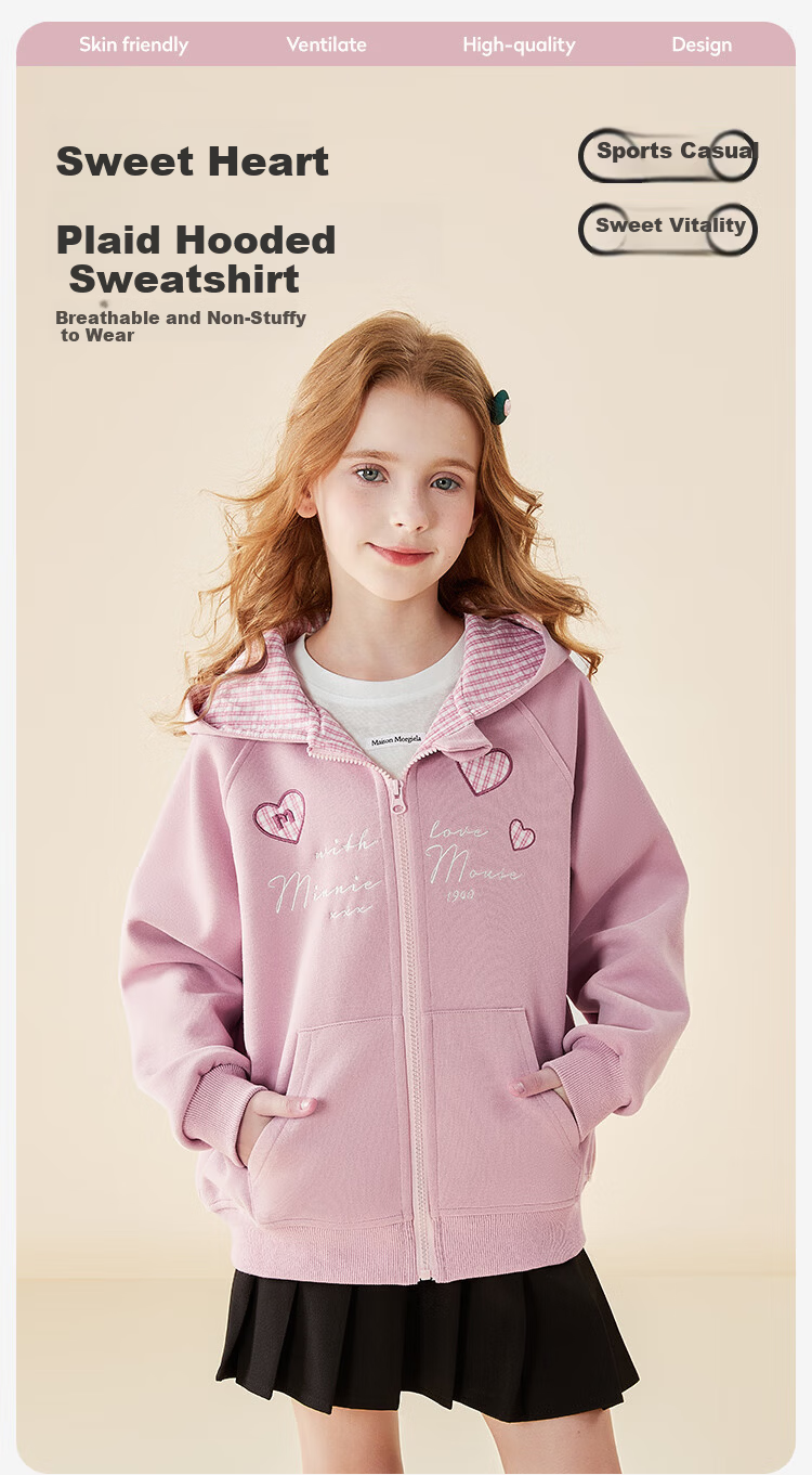 Disney Kids Jacket 2026 New Spring Girls Plaid Hooded Casual Sweatshirt TD3ES031 Pink 140 1