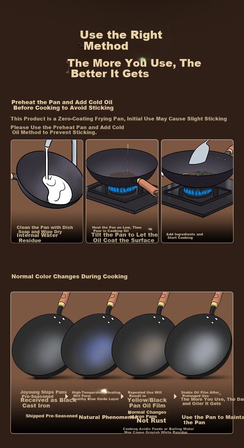 Joyoung Wok, Heritage Craftsmanship Iron Pan, 0 Coating, Rust-Resistant, Corrosion-Resistant, Hammered Texture, Non-Stick, No Seasoning Required, 30cm, Specially for Open Flame Cooking 16