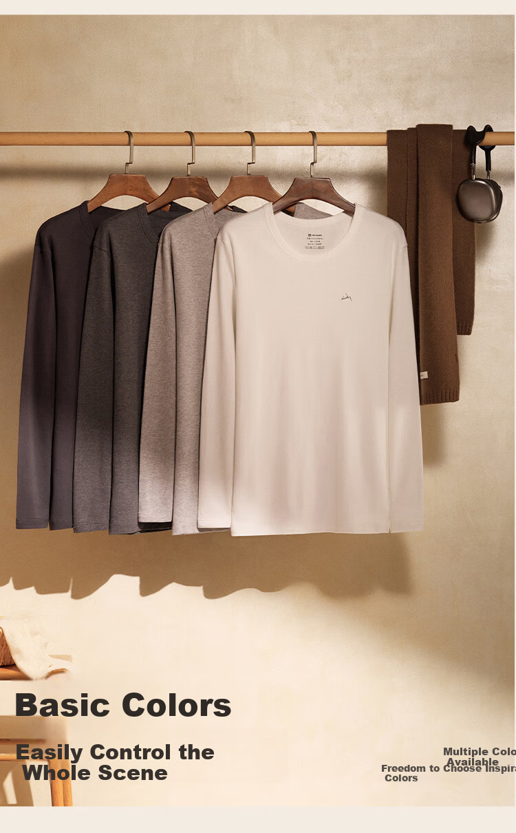 HLA【Mountain Not High】Men's Autumn Thermal Underwear Set Round Neck Class A 210g Pure Cotton Antibacterial Mite-Resistant Thin Warm Innerwear 6