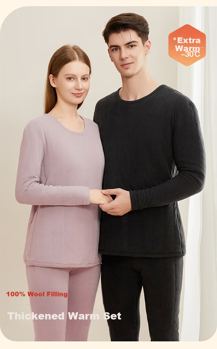 Caiyue 100% Wool Filled Women's Thermal Underwear Fleece Lined Thickened Winter Ultra Warm Cold Resistant Autumn Shirt and Pants Set 1
