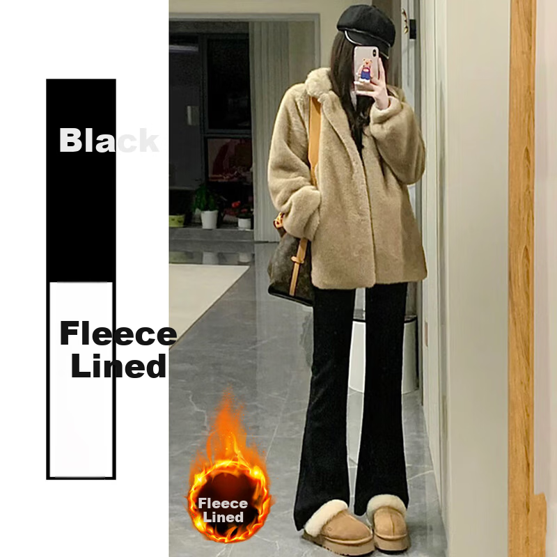 FitonTon Women's High Waist Flared Pants Winter Fleece Lined Thickened Elastic Waist Horseshoe Casual Draped Stretch Black Bootcut Pants