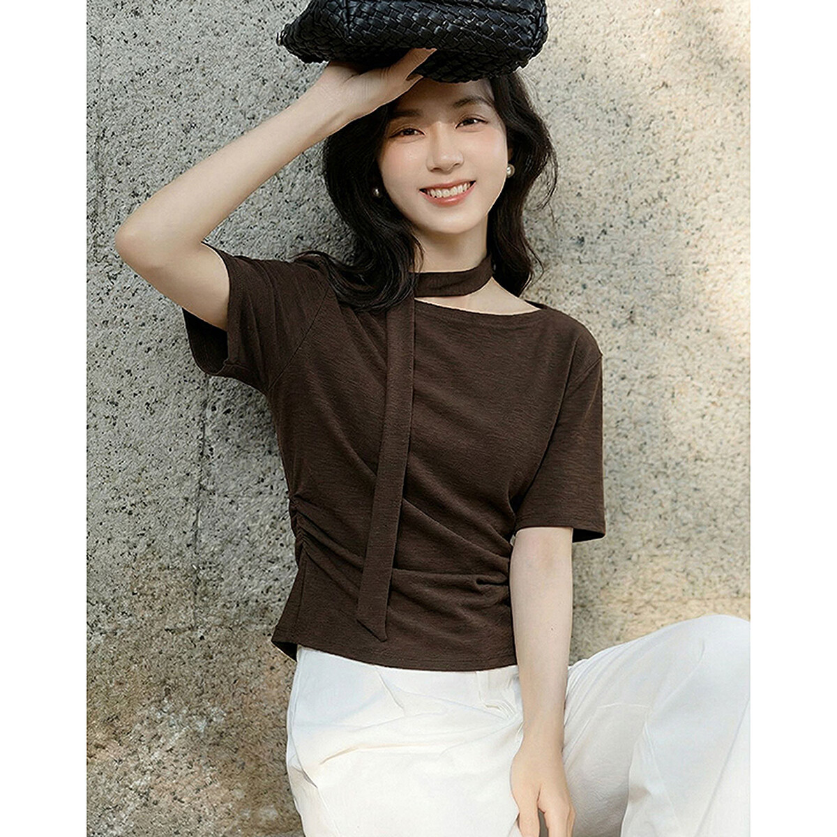 Demana [Like the Wind Freedom] Summer Cloud Oxygen Cotton Off-Shoulder Detachable Ribbon Ruched Slim T-Shirt for Petite Women