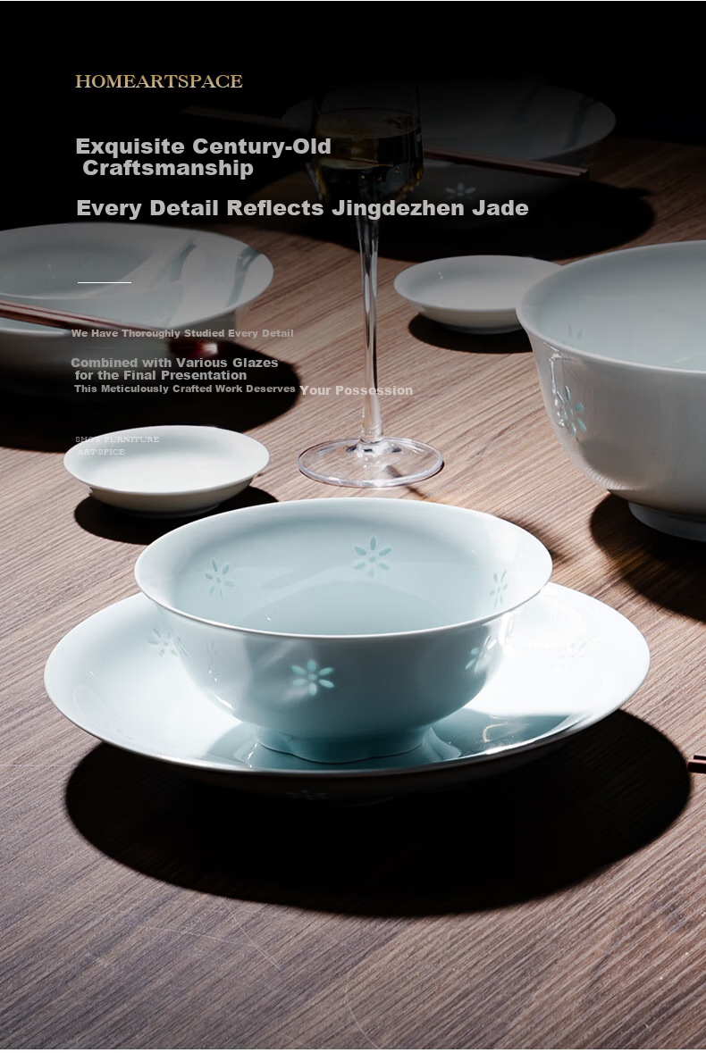 Fuyu Ceramics Jingdezhen Ceramic Tableware Premium Light Luxury New Home High-End Porcelain Bowls and Plates Jade Flower Language Noodle Bowls Set of 4 3