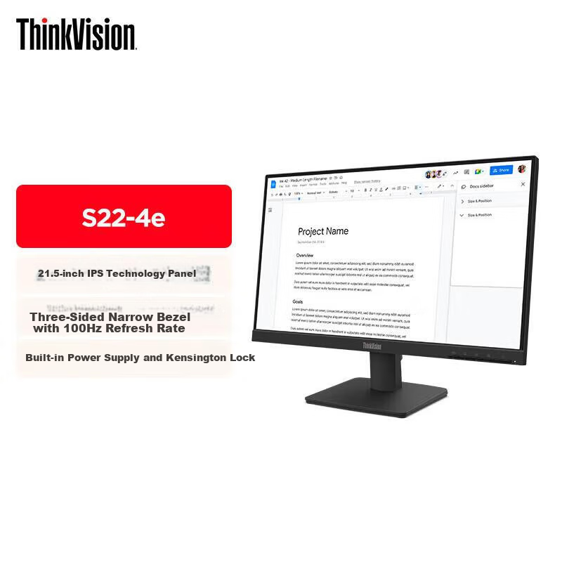 Lenovo 21.5-inch Monitor Home Business Office External Display Low Blue Light Eye Protection Narrow Bezel 100Hz IPS Technology S22-4e