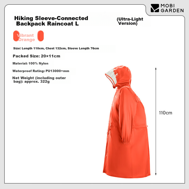 MOBIGARDEN Hiking Sleeved Backpack Raincoat Outdoor Camping Mountaineering Waterproof Ultralight Raincoat NX25690004 Vivid Orange L