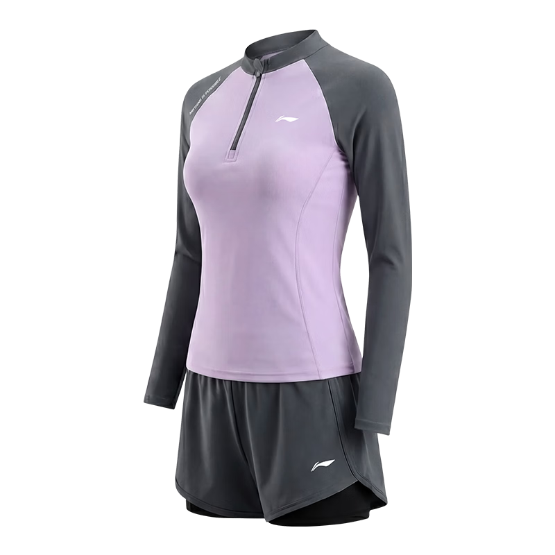LI-NING Women's Two-Piece Swimsuit Set Long Sleeve Square Leg Swimwear for Hot Springs 1544 Light Purple L