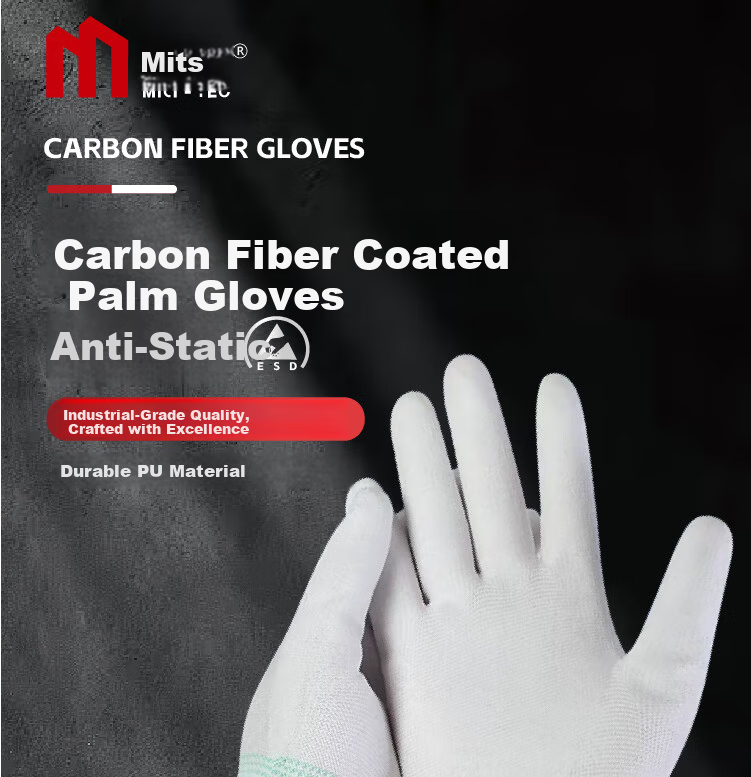 Mitz Anti-Static Gloves Carbon Fiber Palm Coated Winter PU Coated Lightweight Dust-Free Breathable Non-Slip Assembly Electronic Factory Labor Protection Gloves Gray Size L (10 Pairs/Pack) 1