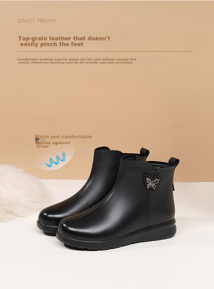 Red Dragonfly Women's Winter Fleece-Lined Warm Leather Short Boots Soft Sole Lightweight Middle-Aged Cotton Boots WTC457431C Black Size 37 4