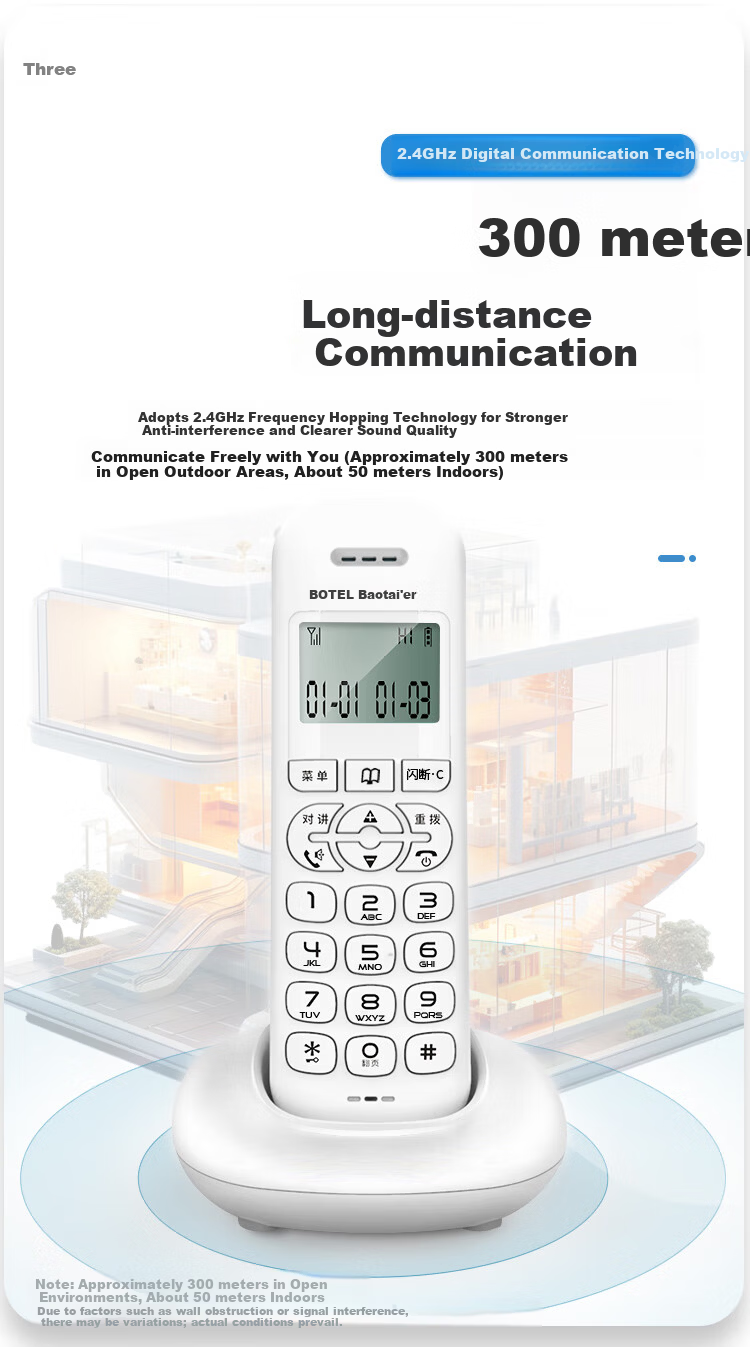 Baotaier Cordless Digital Telephone, Wireless Landline, Parent-Child Handset, for Office And Home Use, Wide Signal Coverage, Quick Dialing, Phonebook Function, T055 One-To White 6