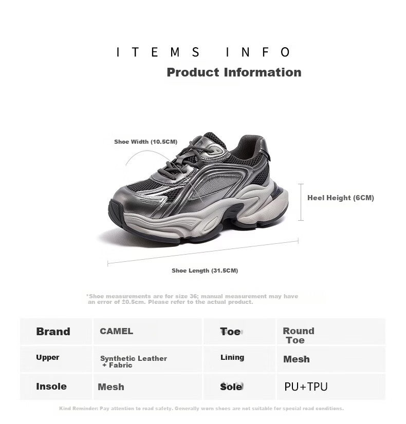 CAMEL Silver Star Dad Sneakers Women Mesh Patchwork Height Increasing Casual Shoes L26S283083W Silver/Purple (Breathable Mesh) Size 37 30