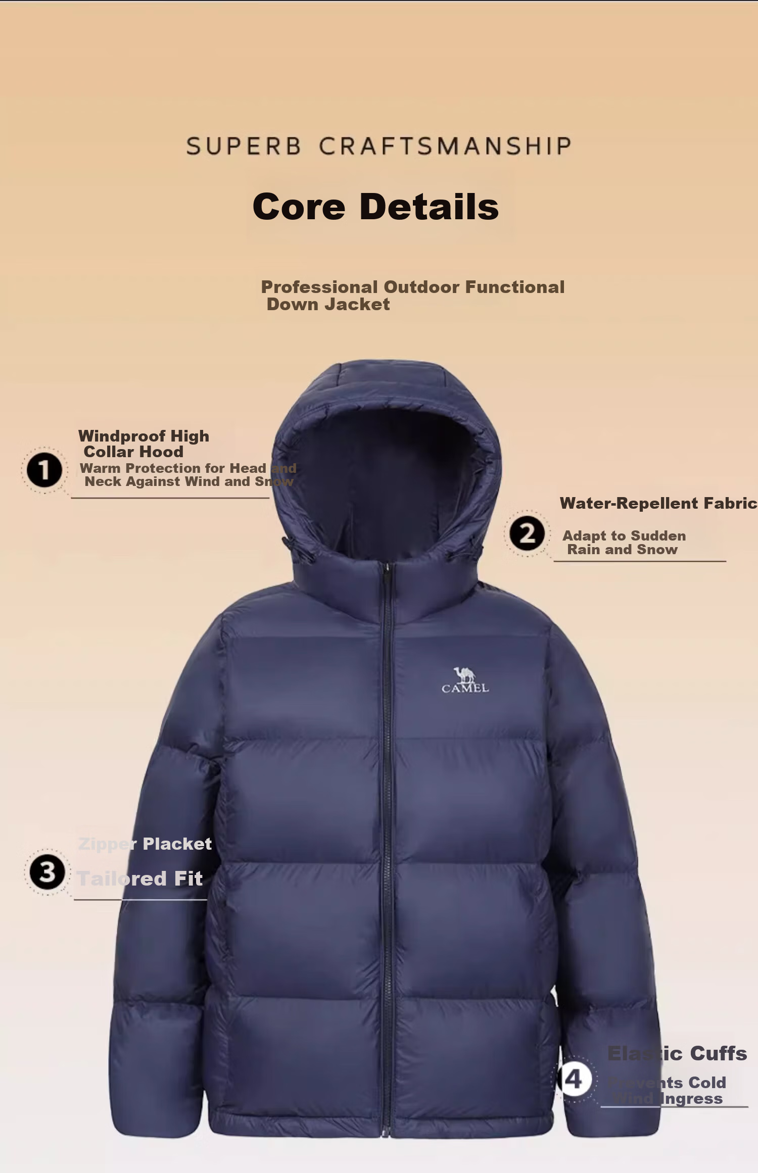 CAMEL Outdoor Short Water-Repellent Warm Down Jacket Puffer Coat 16