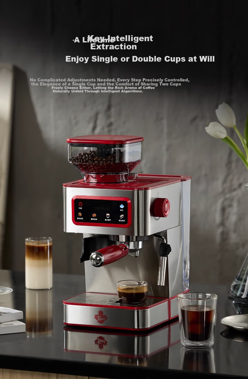 Tim Hortons Tims T5 Fully/ Semi-Automatic Italian Home Coffee Machine Grinder Integrated Cold Brew Version One-Touch Milk Frother Detachable Burr Silver 8
