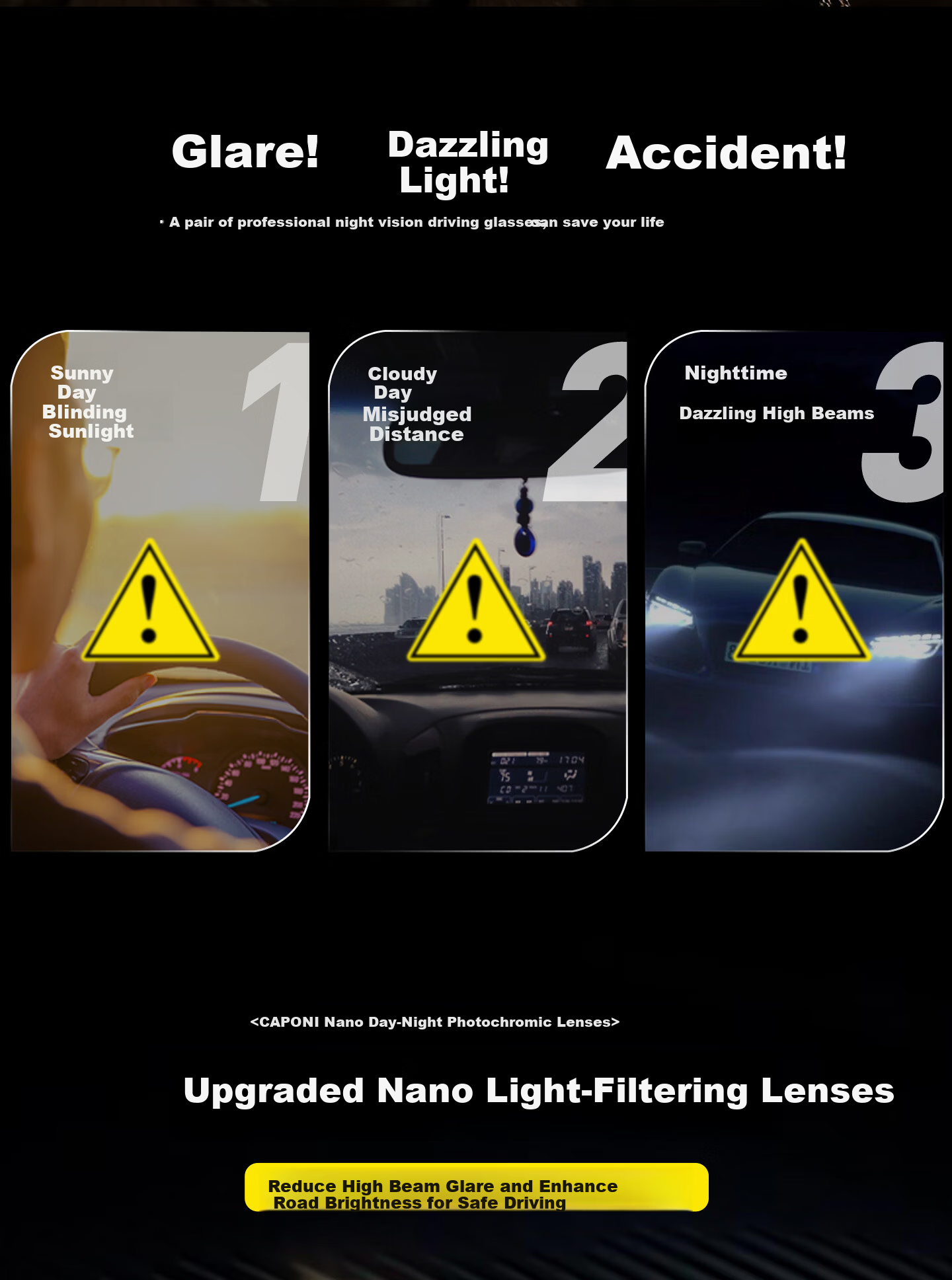 CAPONI Night Vision Polarized Photochromic Sunglasses for Men And Women, Day And Night Use, Frameless Driving Glasses, Anti-Glare And Anti-Blinding 3