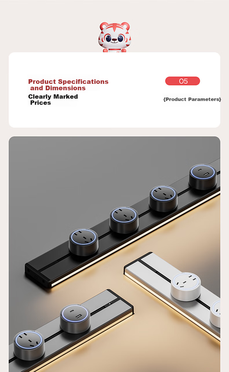International Electric Track Socket with Sensor Light Kitchen Sideboard Island High Power Smart Power Rail Strip Surface Mounted Track Mobile Power 60cm + 4 Adapters 19