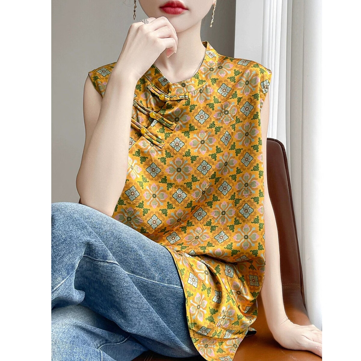 Demana [Oriental Aesthetics] Spring National Style New Chinese Satin Jacquard Shirt with Frog Buttons Mid-Length Women's Blouse