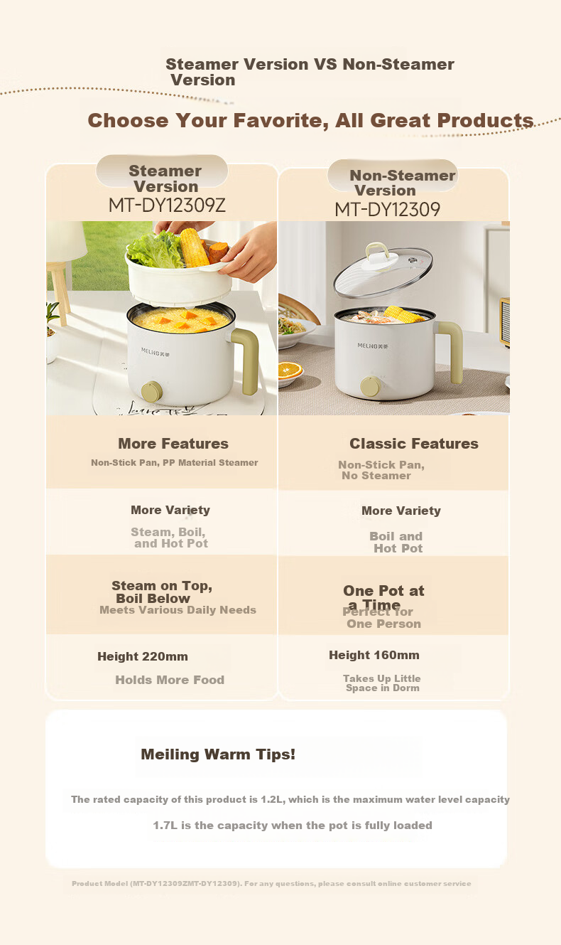 MeiLing Electric Cooking Pot Electric Steamer 1-2 Person Small Electric Pot Multifunctional Student Dormitory Mini Pot Instant Noodle Pot 1.7L Electric Hot Pot Frying and Boiling Combo MT-DY12309Z wit 2