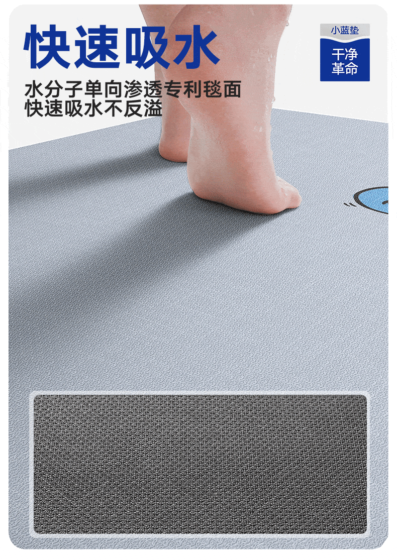 Da Jiang Small Blue Removable Washable Floor Mat Bathroom Door Water Absorption Foot Mat Toilet 50x80cm Carpet Surface Only 1 Piece 10