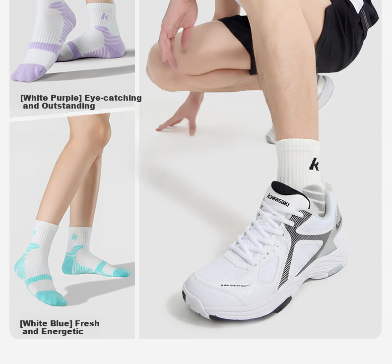 KAWASAKI Unisex Badminton Socks Running Training Sweat-Absorbing Non-Slip Sports Socks D6609 Blue/Grey/Purple (3 Pairs) 7