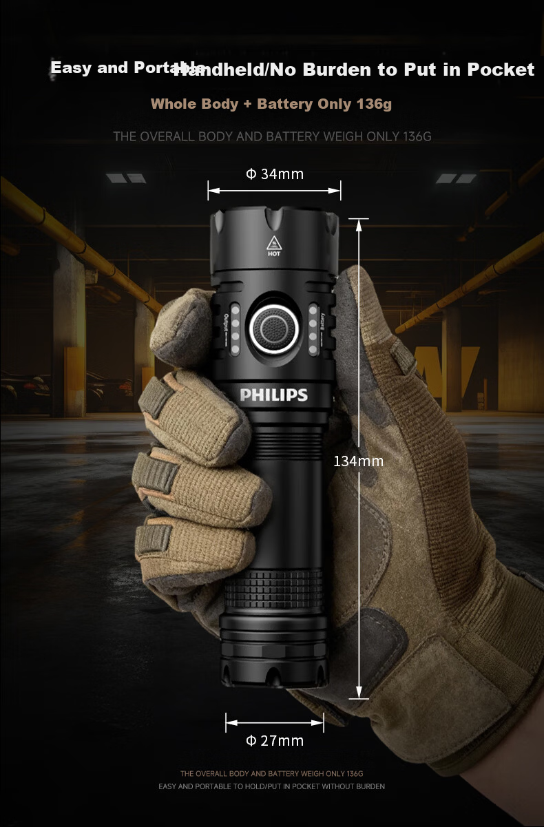 PHILIPS High-Power Flashlight Long Battery Life Outdoor Survival Ultra-Bright Military Long-Range Portable 200000 Lumens 10