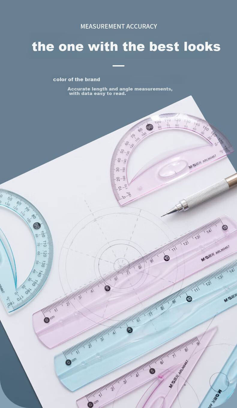 M&G Student Drawing Soft Ruler Set (Ruler + 2 Triangles + Protractor) Blue and Pink Random ARLN0467 4 Pieces/Set 5