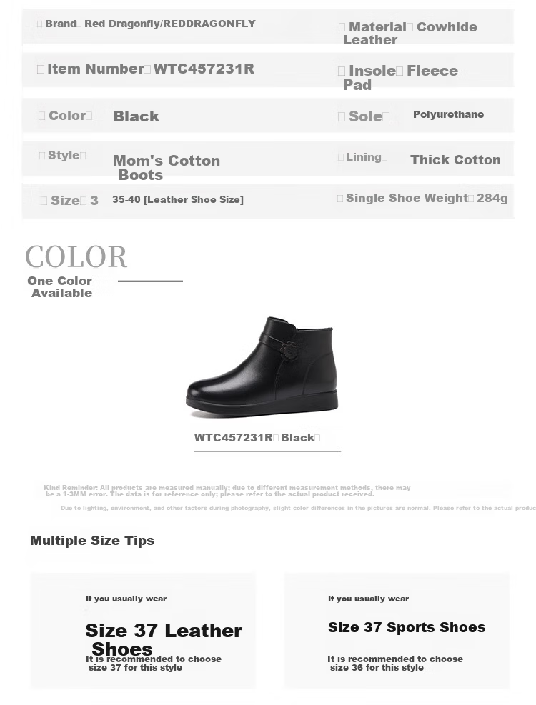 Red Dragonfly Women's Winter Warm Fleece Lined Mom Cotton Shoes Soft Sole Lightweight Middle-aged and Elderly Fashion Boots WTC457231R Black Size 38 7