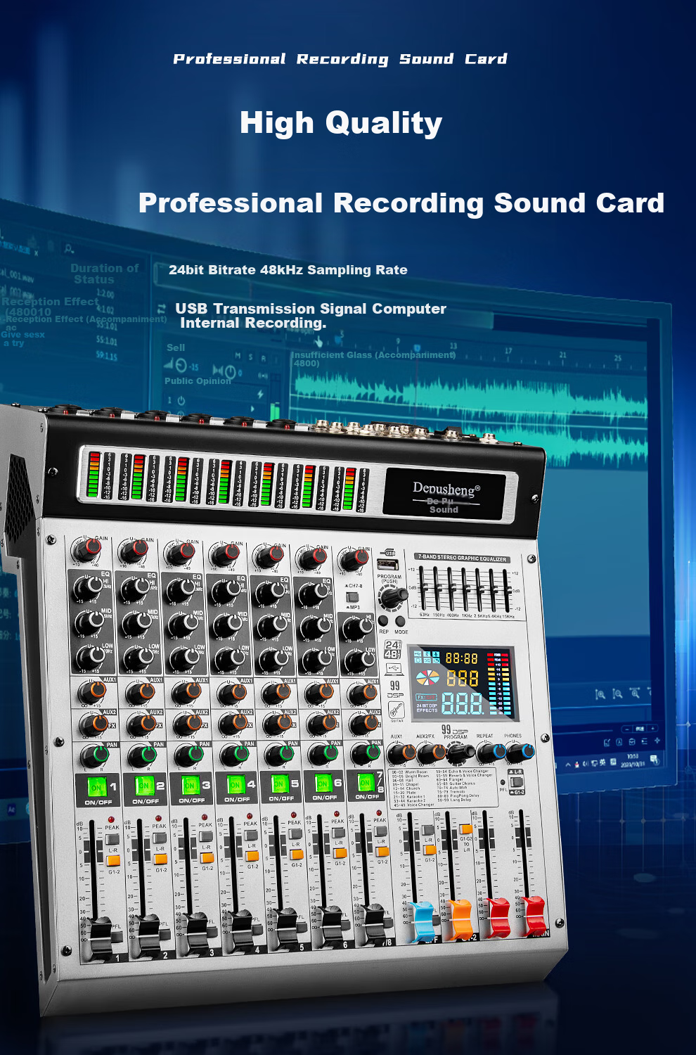 Depusheng 8-Channel Professional Mixer with Grouping, Stage Conference Wedding Bar Training Campus, 99 Digital Reverb Types, MP3 Bluetooth, 48V Phantom Power, Equalizer, USB Sound Card, AUX Output TX- 4
