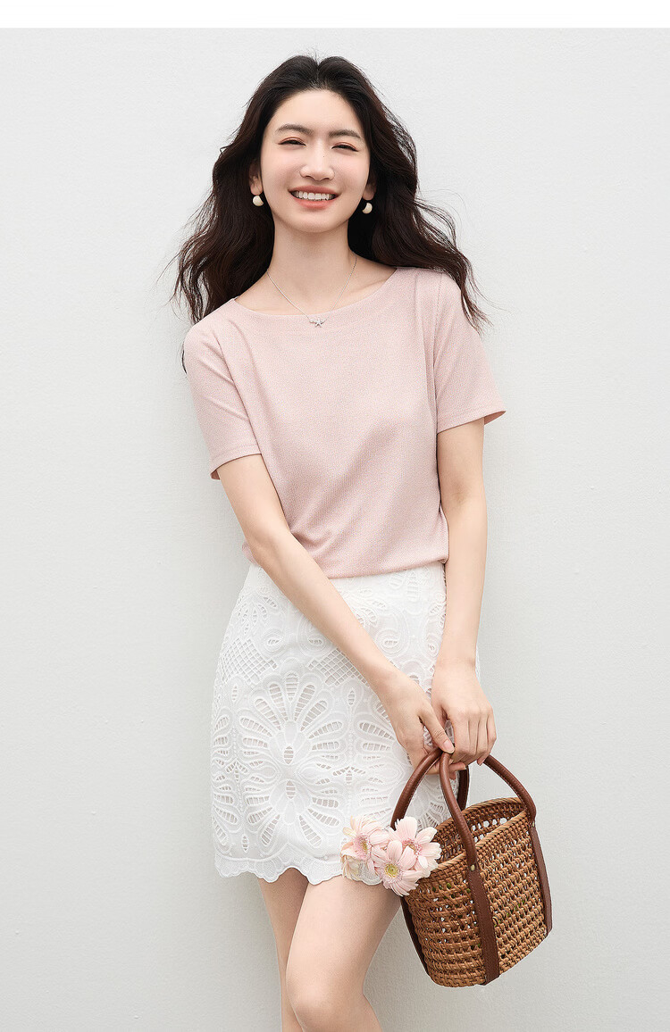 Shangdu Bila Off-Shoulder Boat Neck Double Needle Stitching T-Shirt for Women Summer Elegant Commuter Stretch Ribbed Knit Top 14
