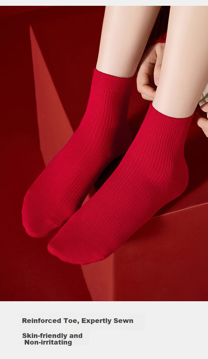 THREEGUN Qi Ji Red Women's Antibacterial Mid-Calf Breathable Red Elastic Cotton Socks Four Seasons Festive Casual Socks 1 Pair 9