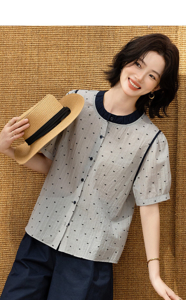 Demana [Smooth Lyocell] Summer Color-Block Bowknot Printed Round Neck Striped Short Sleeve Loose Petite Women's Shirt 5