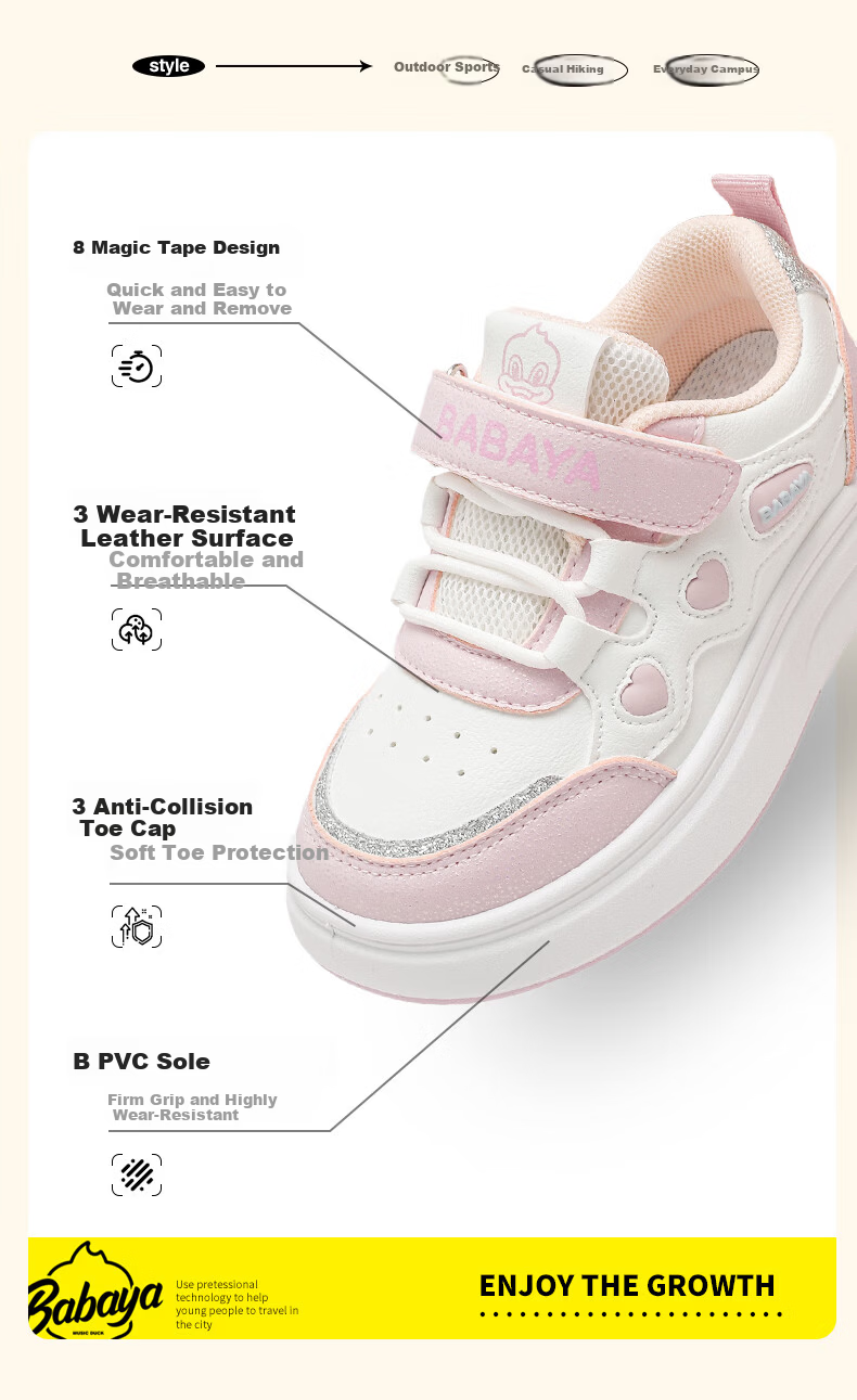 Baba Duck Kids Sports Shoes Girls High-Value White Sneakers School Casual Skate Shoes 51856 White Pink Size 27 2