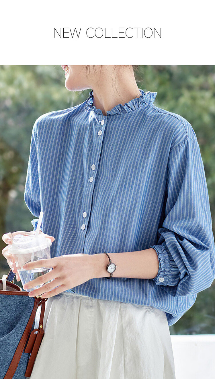 Demana [Pure Cotton Whisper] Spring Korean Style Lace Stand Collar Striped Loose Long Sleeve Commuter Shirt Women's Top 1