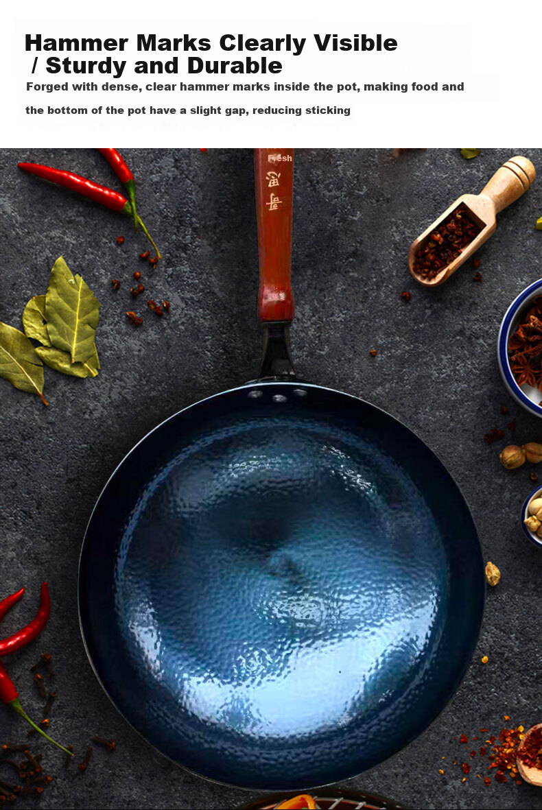 Goston Zhangqiu Iron Wok 34cm Round Bottom Non-Coated Traditional Fish Scale Pattern Wooden Handle Stir Fry Pan 3