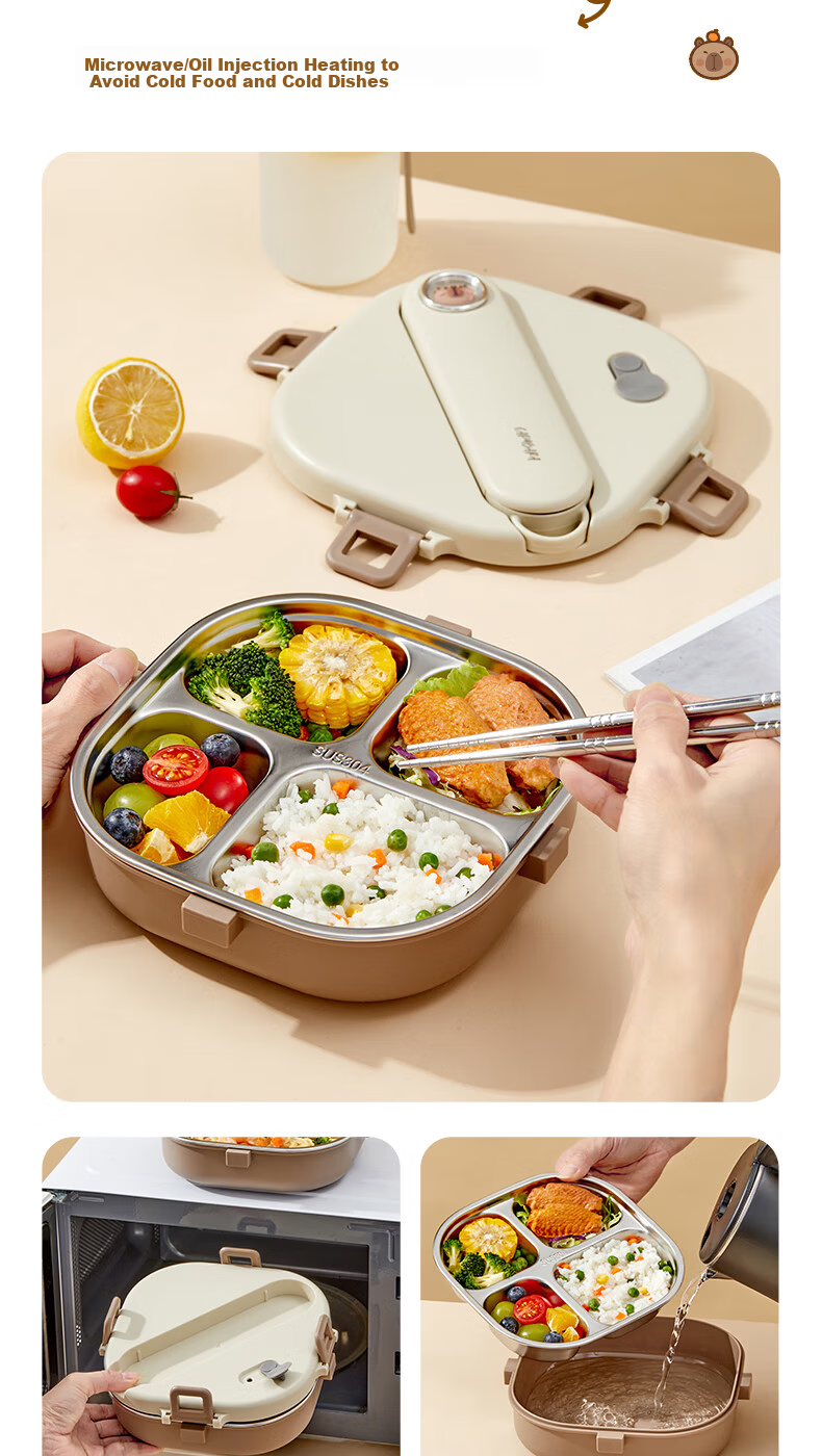 WORTHBUY Insulated Lunch Box 304 Stainless Steel Elementary School Cafeteria Divided Tray with Utensils Portable Bento Box Brown 3 5