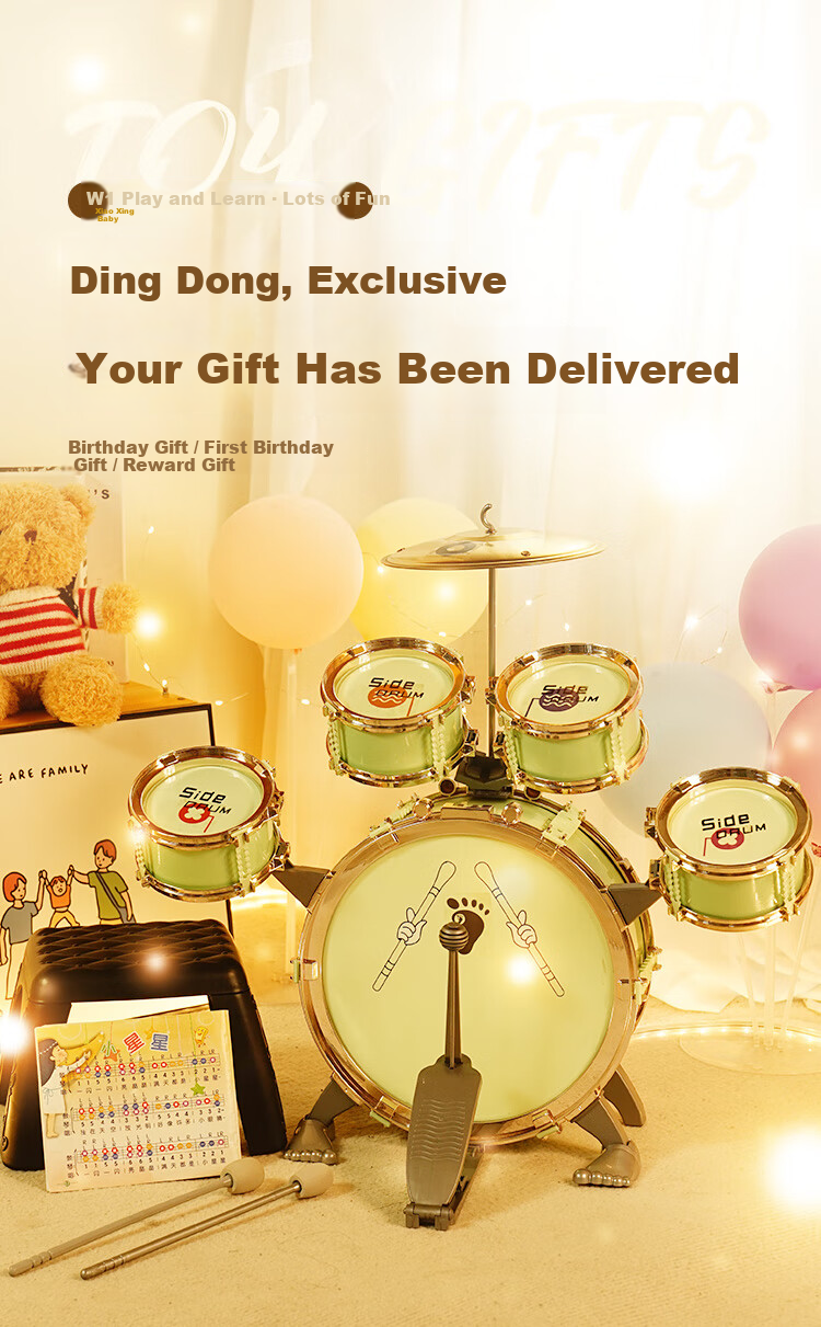 QIAO WA BAO BEI Drum Set for Home Use, Children Beginners Practice Kit, Entry-Level Professional Toy, Birthday Gift for Boys And Girls, Mid-Autumn Festival Present 3