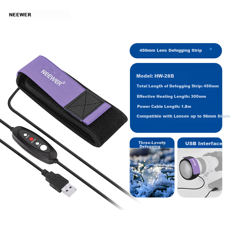 NEEWER Camera Lens Defogging Strap 300MM DSLR Lens Heating Band Anti-Fog Thermal Protection Heating Accessory for Mountaineering and Snow Photography Equipment