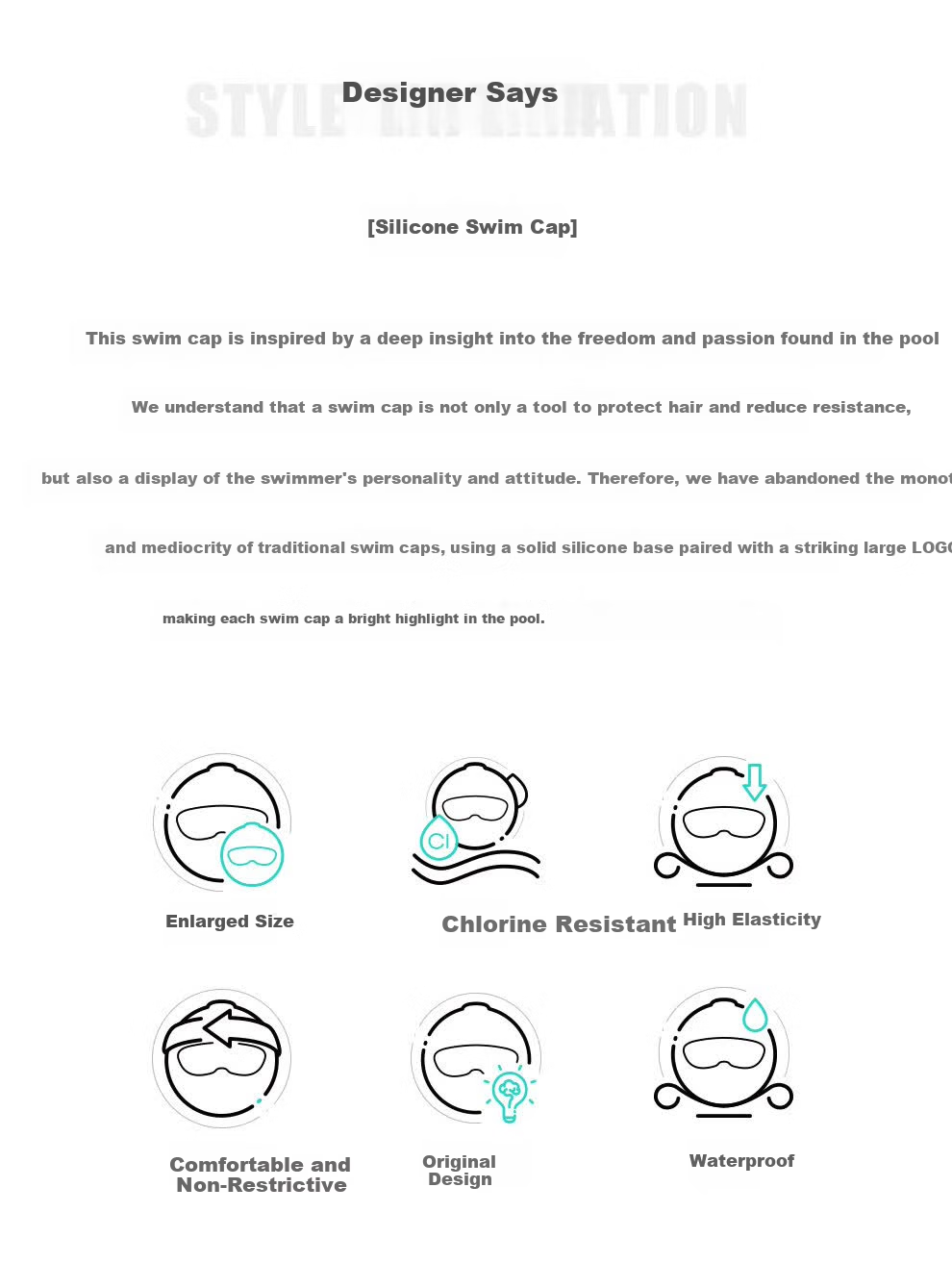 TOSWIM Eco-Friendly Silicone Swim Cap Comfortable Non-Tight Ear Protection Long Hair Waterproof Pool Swimming Cap Ink Shadow White Lettering 2