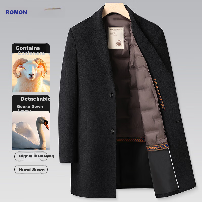 ROMON Men's Mid-Length Wool Cashmere Coat with Removable Goose Down Liner, Slim Fit, Autumn Winter