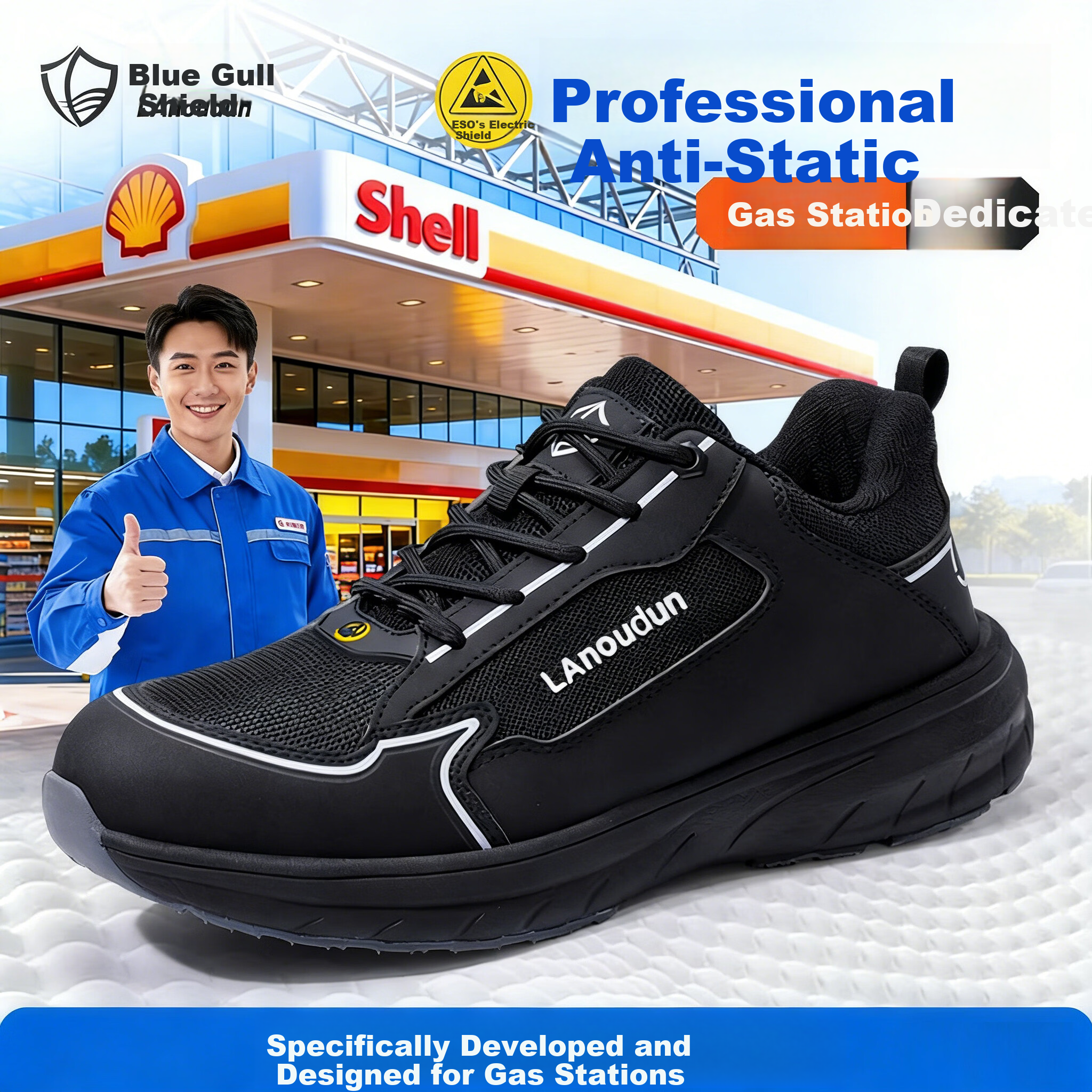 BlueOwl Shield Anti-Static Shoes for Men Lightweight Anti-Smash and Anti-Puncture ESD Work Safety Shoes for Gas Station D252A-1 Size 42