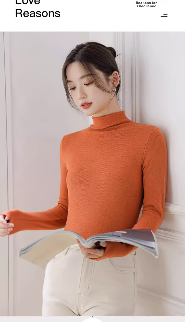 Langsha Women's Basic Spring and Autumn Turtleneck Solid Color Long Sleeve Slim Fit High Elastic Base Shirt 7