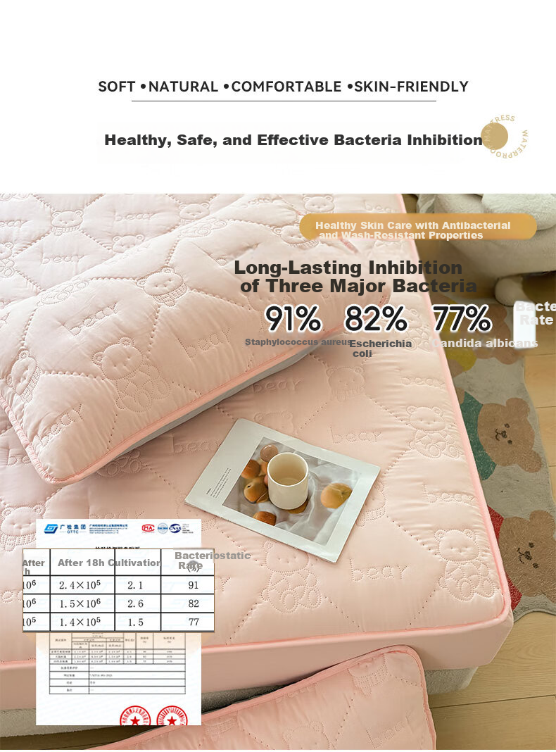 Grace 7A Antibacterial Waterproof Quilted Mattress Protector Pad Cover for 1.8m Bed Cream Pink 3