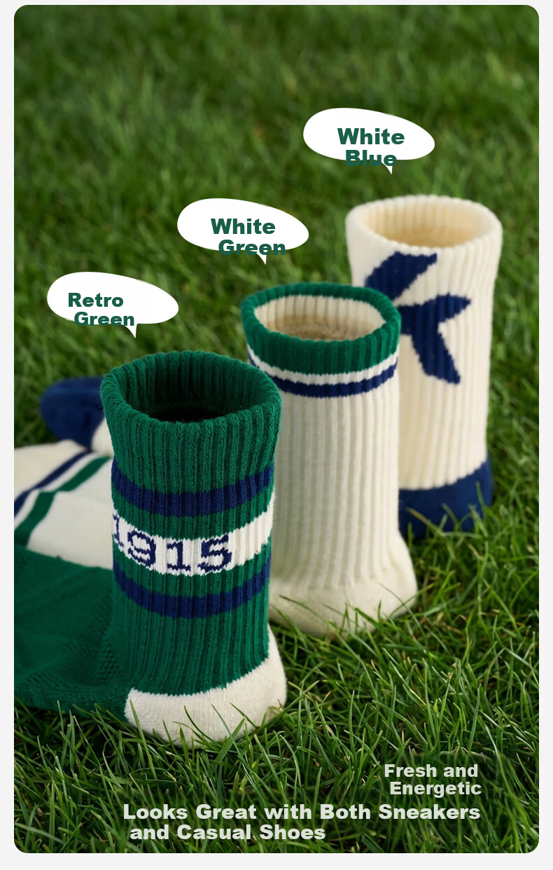 KAWASAKI Badminton Socks Kids Sports Socks Durable Terry Bottom D6401 White Blue/White Green/Vintage Green (3 Pairs) 6