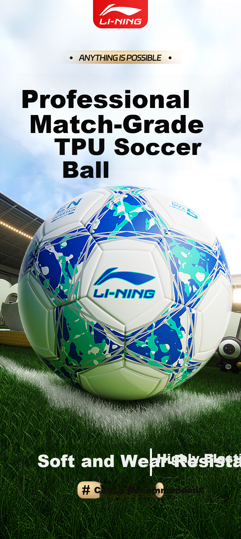 Li-Ning Soccer Ball Size 5 for Adults And Teenagers, Professional Wear-Resistant High-Elasticity Ball for Middle School Students' Training And High School Entrance Exam, FIFA Certified Size 5 5