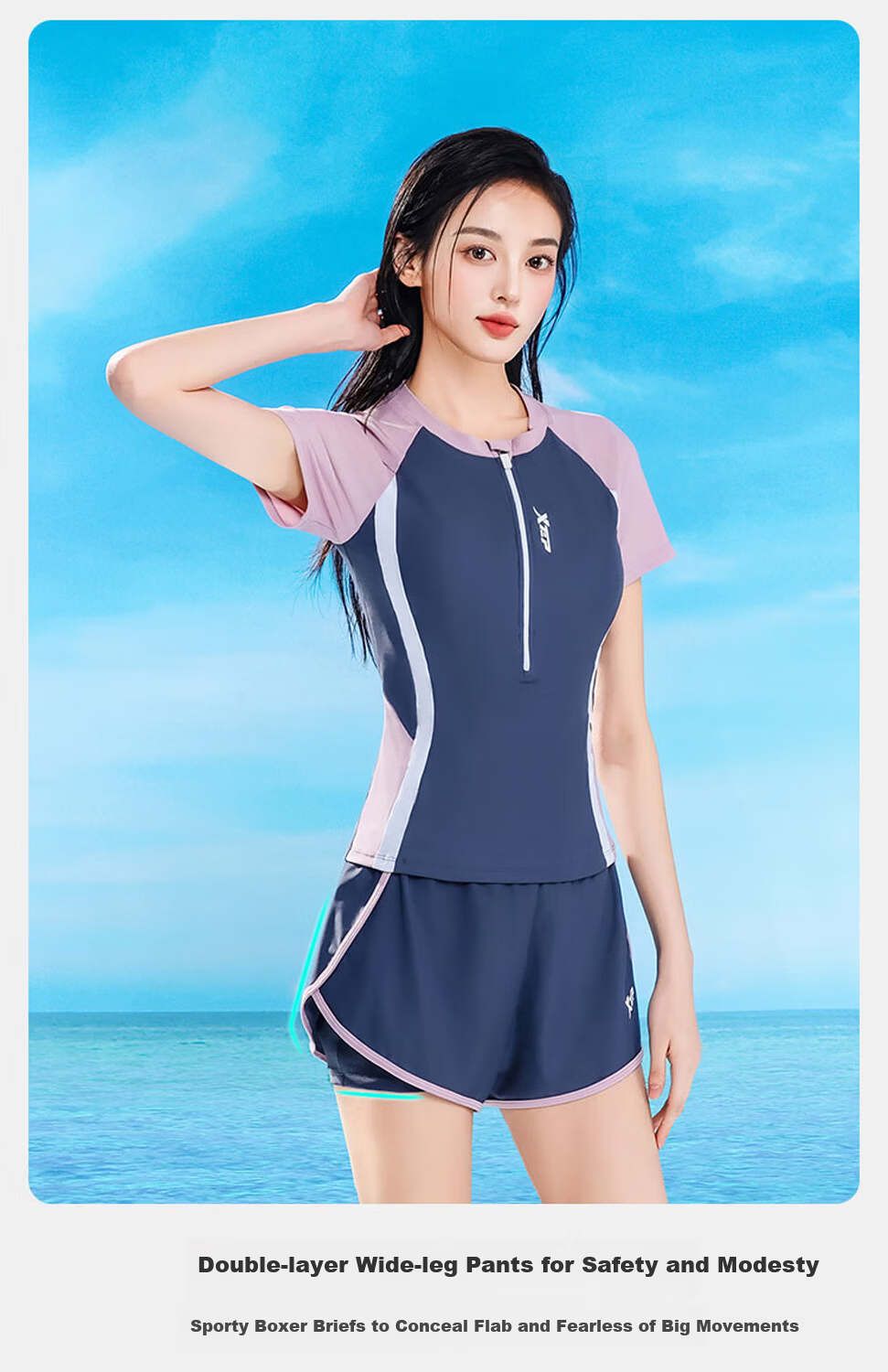 Xtep Women's Slimming Tummy Control Conservative Two-Piece Square-Leg Professional Training Swimwear for Spa Vacation Sports 6