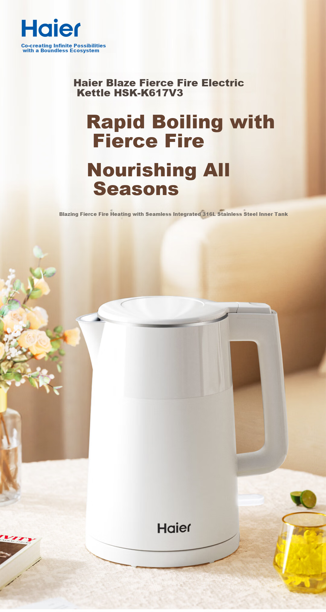 Haier Electric Kettle 1.7L 316L Food-Grade Stainless Steel Seamless Inner Liner Double-Layer Anti-Scald HSK-K617W3 1