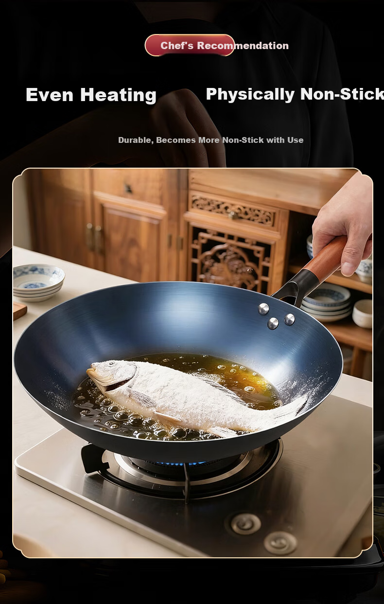 Quanpinwu Cast Iron Stir-Fry Pan Non-Coated Seasoned Non-Stick Round Bottom Large Capacity Gas Stove Wok with Lid 36cm 11